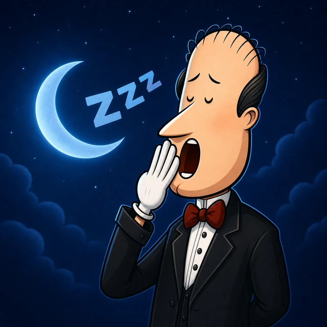 Beddy Butler yawning beside a crescent moon