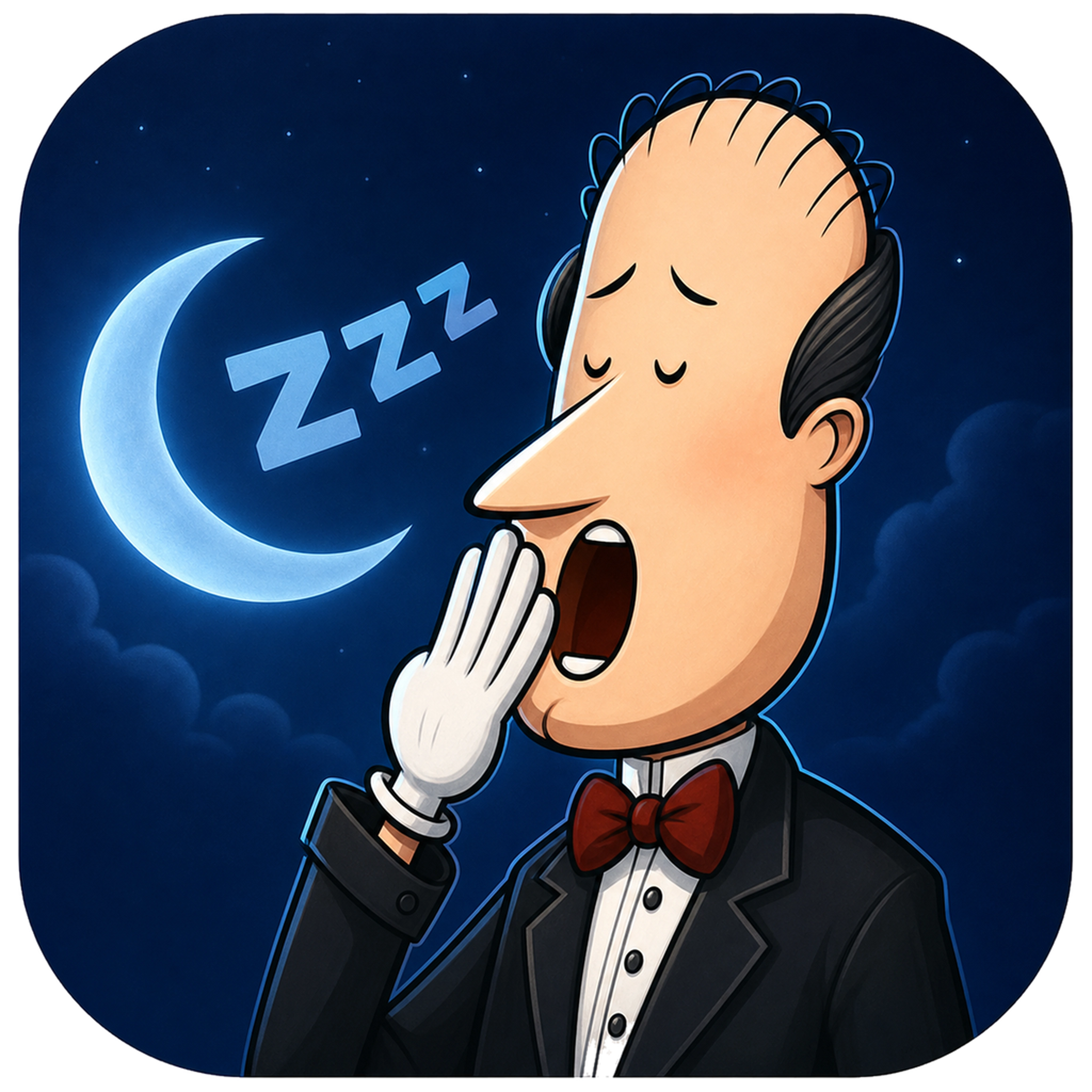 Beddy Butler yawning beside a crescent moon